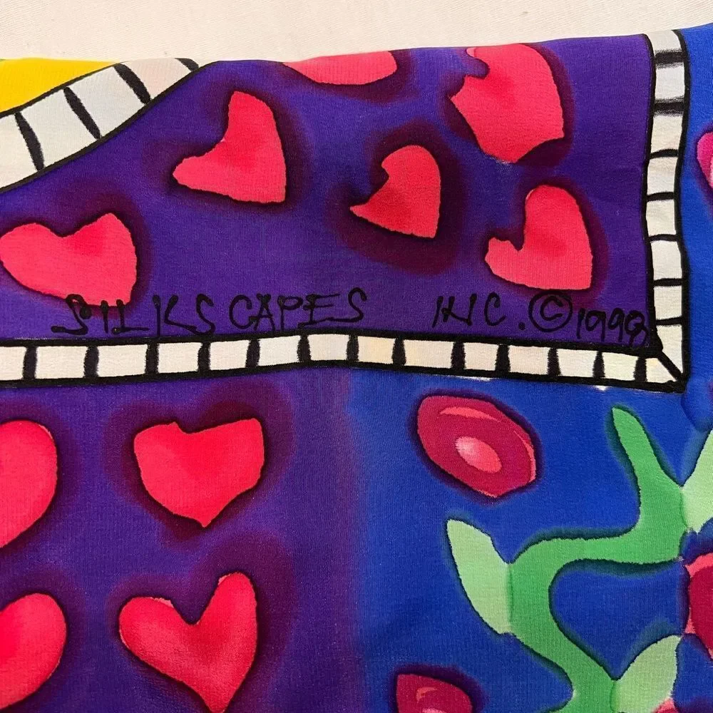 SILKSCAPES Silk Hand Painted Colorful Heart Pattern Scarf 35” X 34”